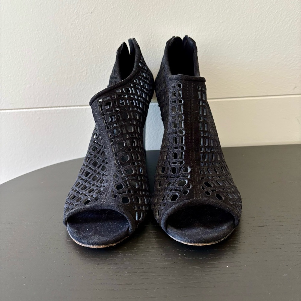 Aquatalia Black Suede Peep Toe Wedge Booties – Size 9